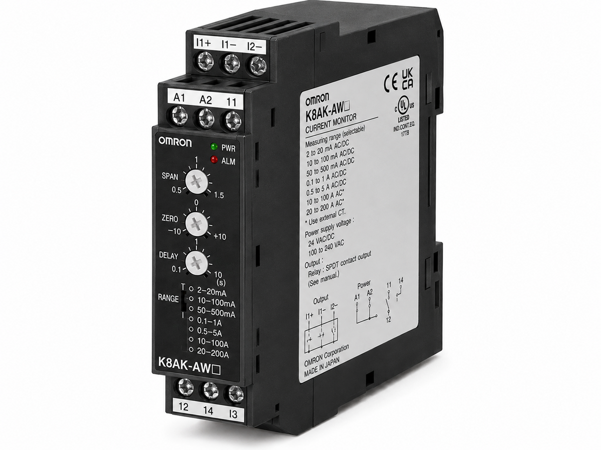 Omron K8AK-AW Single-phase Overcurrent/Undercurrent Relay (Simultaneous, 2mA~200A AC/DC)