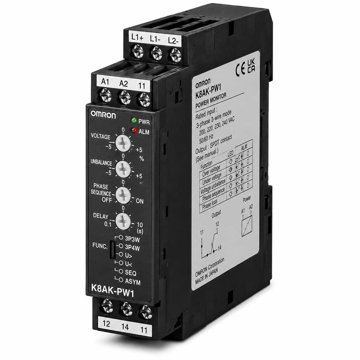 Omron K8AK-PW Three-phase Voltage Relay (200~480VAC, 3W/4W, 22.5mm, SPDT×2)