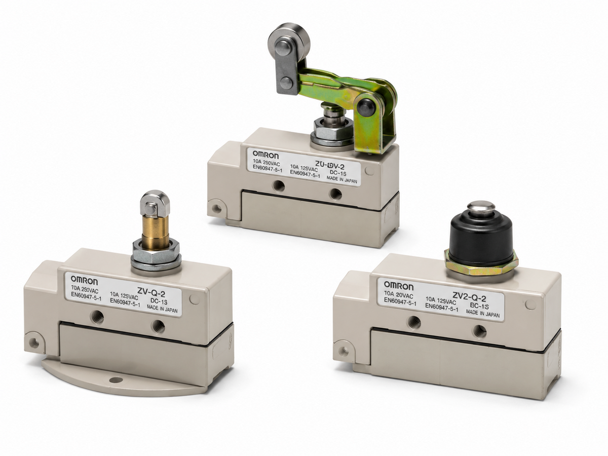 Omron ZE/ZV/ZV2 Enclosed Switch (AC, Side/Base/Diagonal mounting, GP+Sealed actuators)
