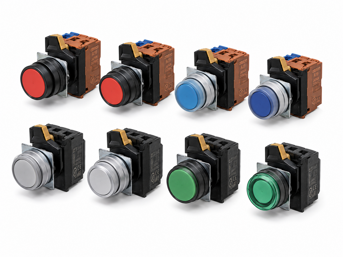Omron A22NN Non-lighted Pushbutton Switch Set (22mm, Flat/Proj/Guard/Mush, Plastic+Metal, Screw+Push-In)
