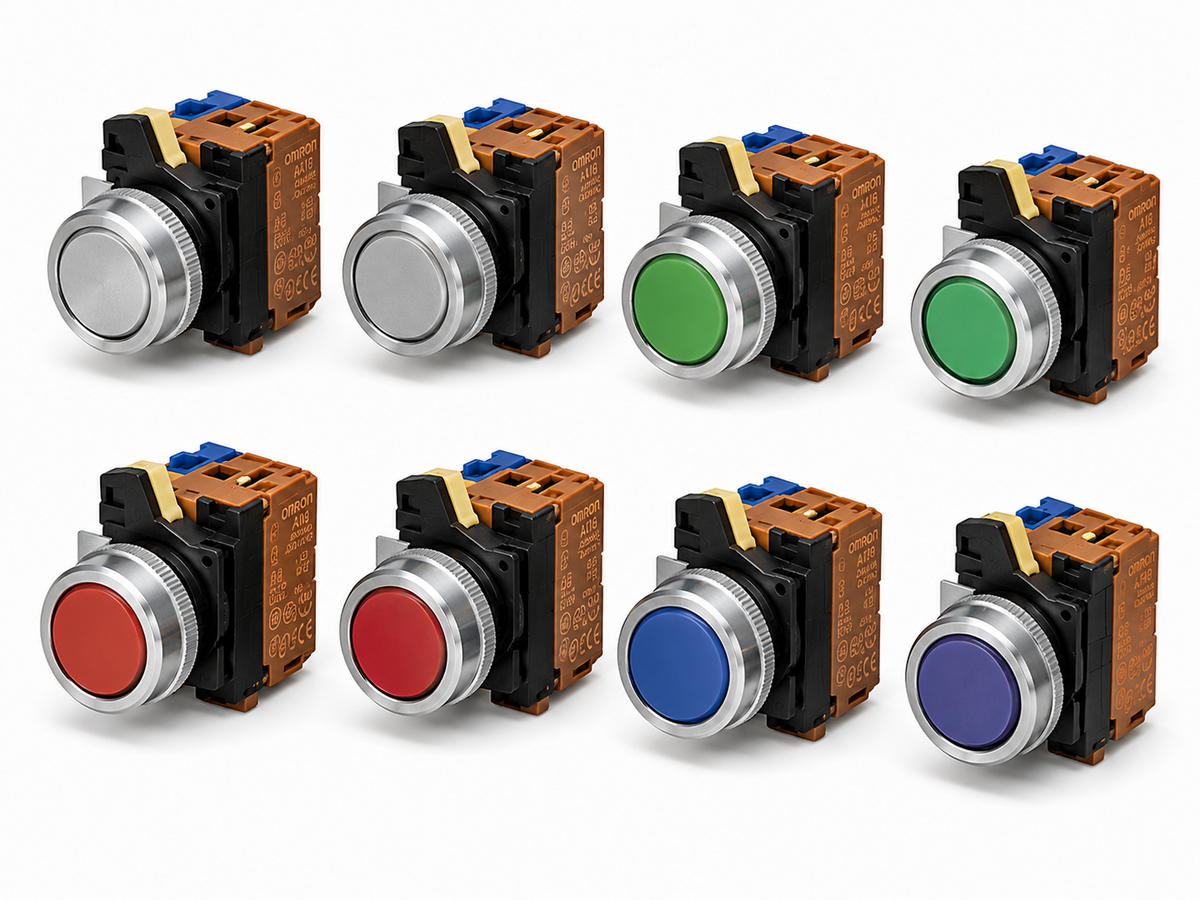 Omron A30NL Lighted Pushbutton Switch Set (30mm, Flat/Proj/Guard/Mush, LED, Screw+Push-In)
