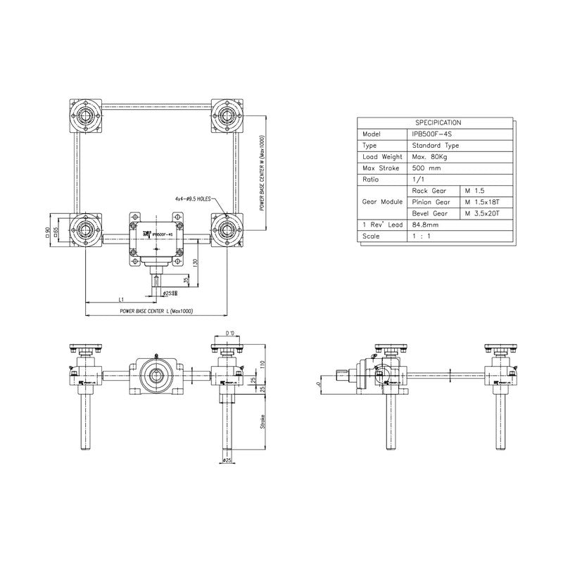 Myung Shin IPB Series Power Base Lift Guide Unit with Miter Gearbox (4-Unit Set, Motor Drive)