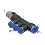Sangah PKD Male Reducer Triple Branch, One-Touch Fitting, Inch Tube, NPT Thread